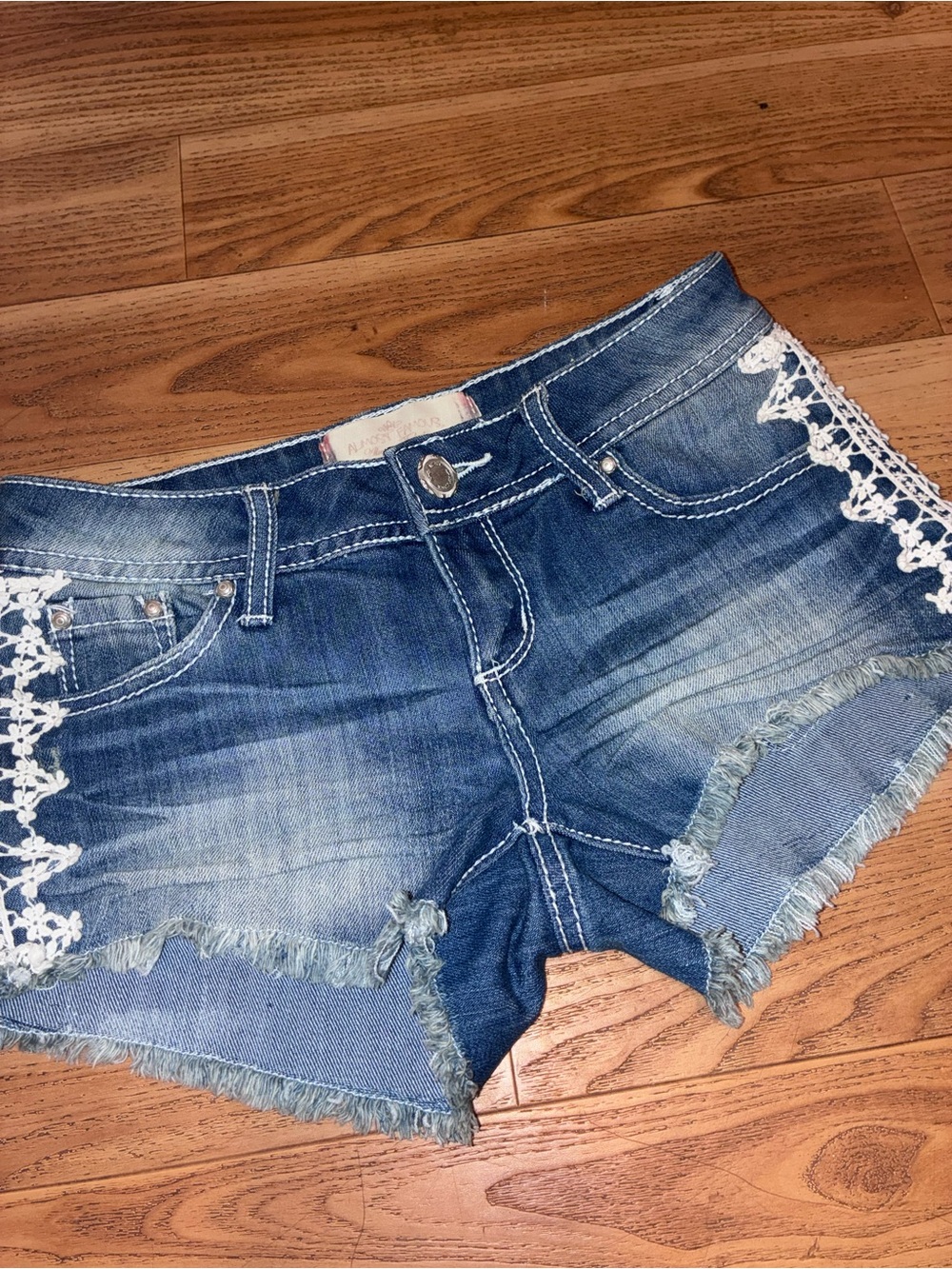 Almost Famous Blue Denim Shorts with White Crochet Trim